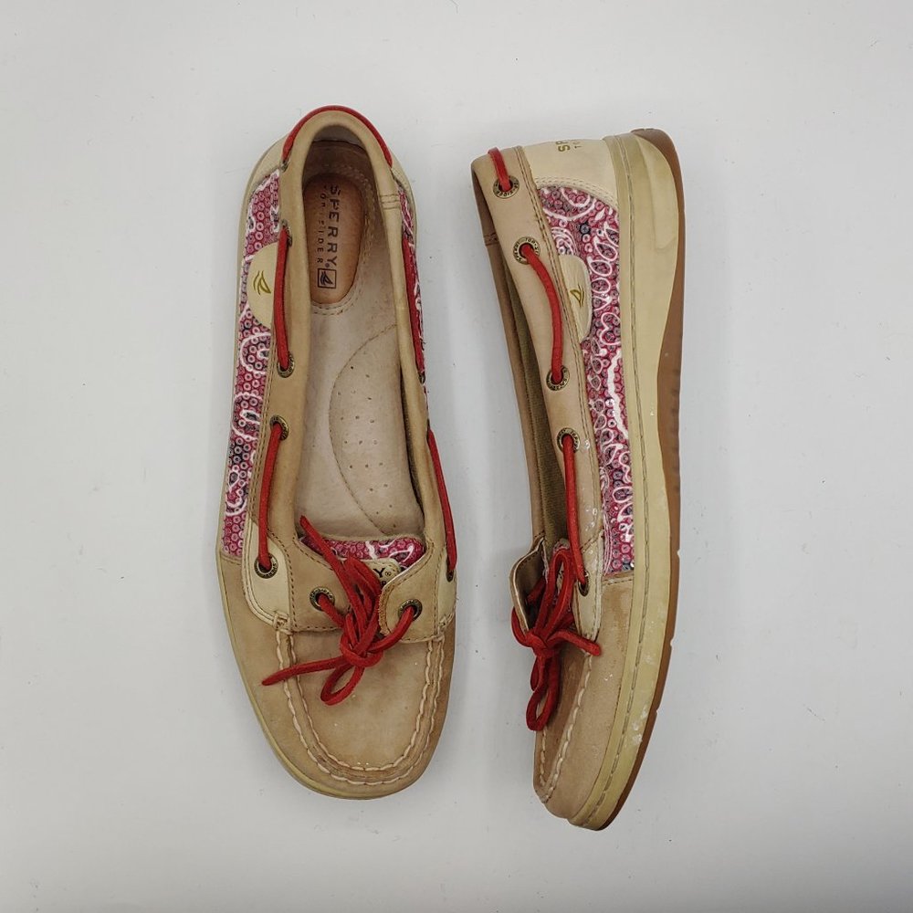 Sperry womens 9M Top-Sider Boat Shoe Angelfish Tan Red Clear Sequins 9102476